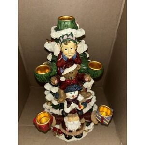 Vintage 12" Christmas Tree Candle Holder w/ Elf, Teddy Bear, Snowman, & Santa.